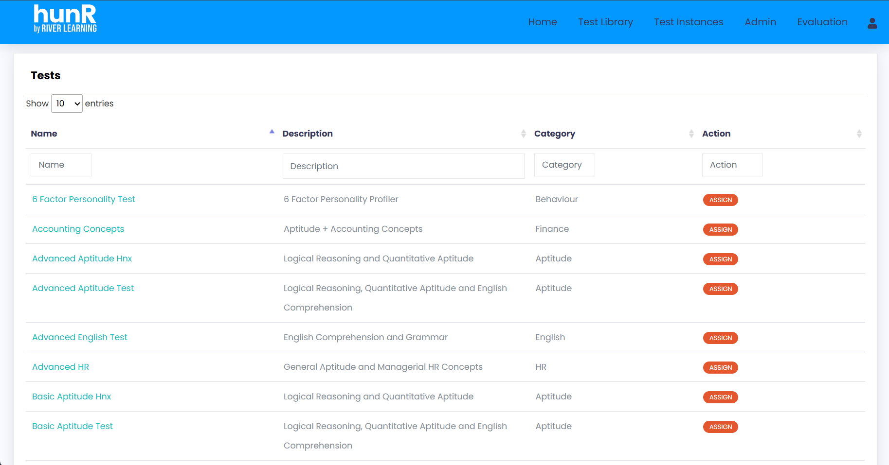hunR test library listing tests by name, description and category with an Assign button